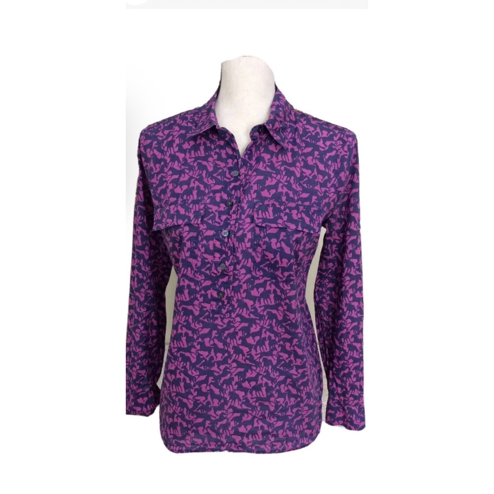 Gap Fitted Boyfriend Shirt Womens 1/2 Button Up Pink Purple Horse Print Preppy M